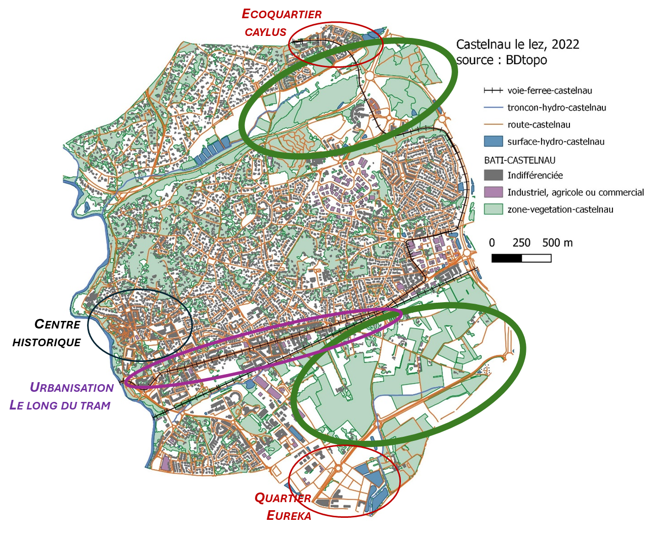 Carte schématique de Castelnau-le-Lez en 2022 montrant les zones de végétation, les quartiers et les infrastructures.