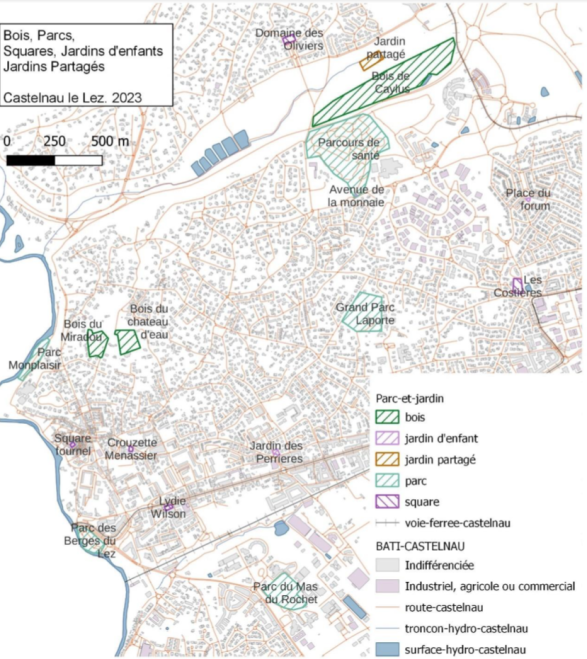 Carte des bois, parcs, squares et jardins publics à Castelnau-le-Lez en 2023.