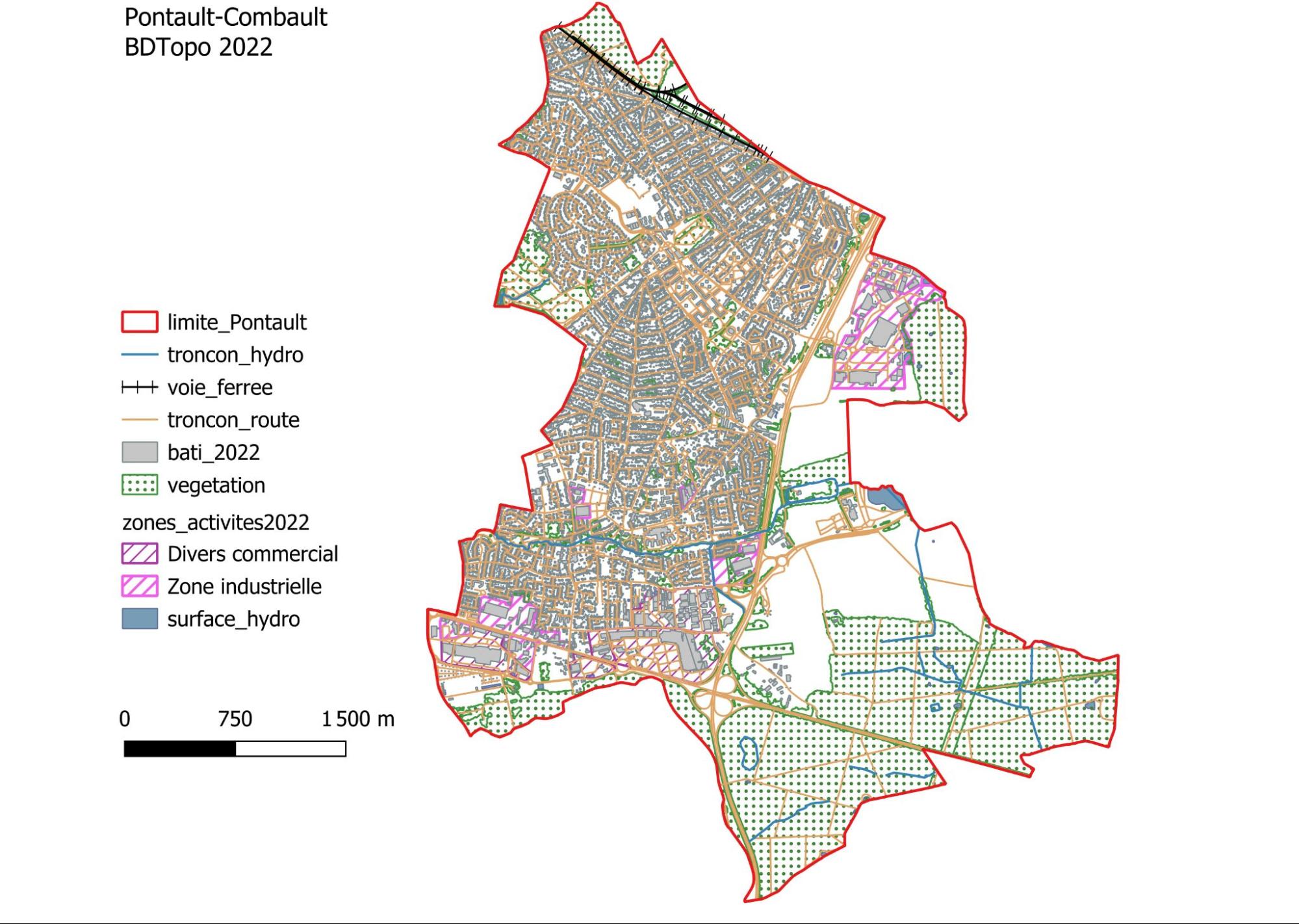 Carte schématique de Pontault-Combault en 2022 montrant les zones de végétation, les quartiers et les infrastructures.